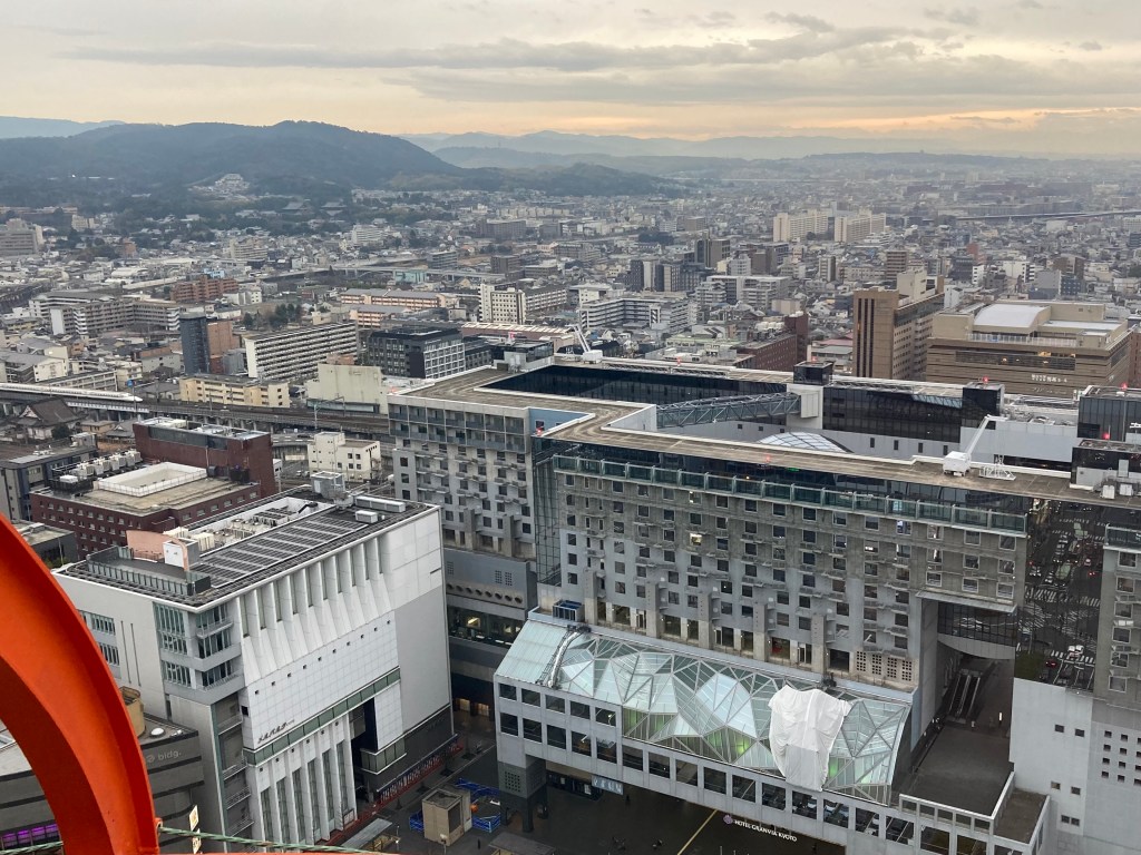View of Bullet Train arriving at Kyoto Station from Kyoto Tower
